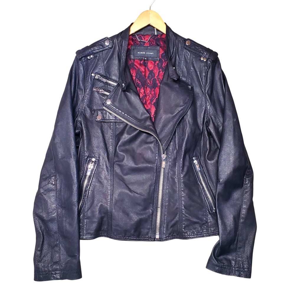 Black Rivet Black Leather Moto Jacket XL Floral Lace Satin Lining Peplum Back